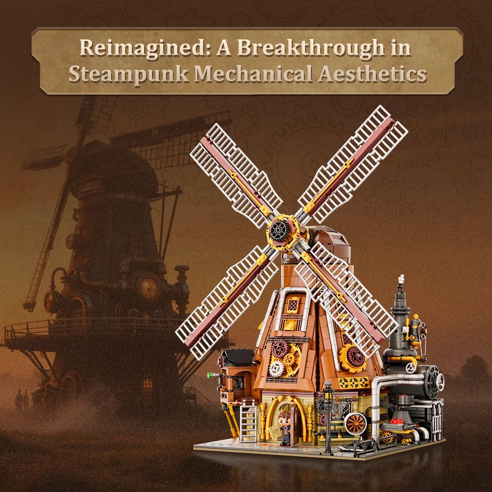 PANTASY Steampunk Windmill Workshop Building Set – Dutch Windmill with Motorized Blades