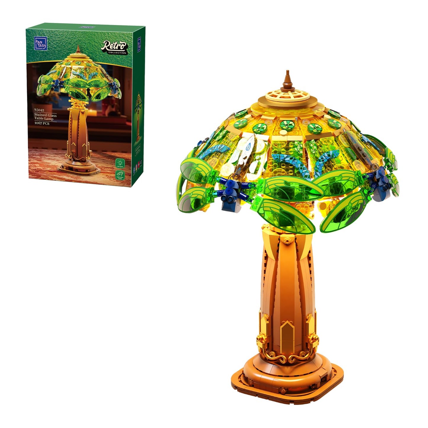 Pantasy Vintage-Style Dragonfly Floral Table Lamp | Stained Glass Build, USB-C