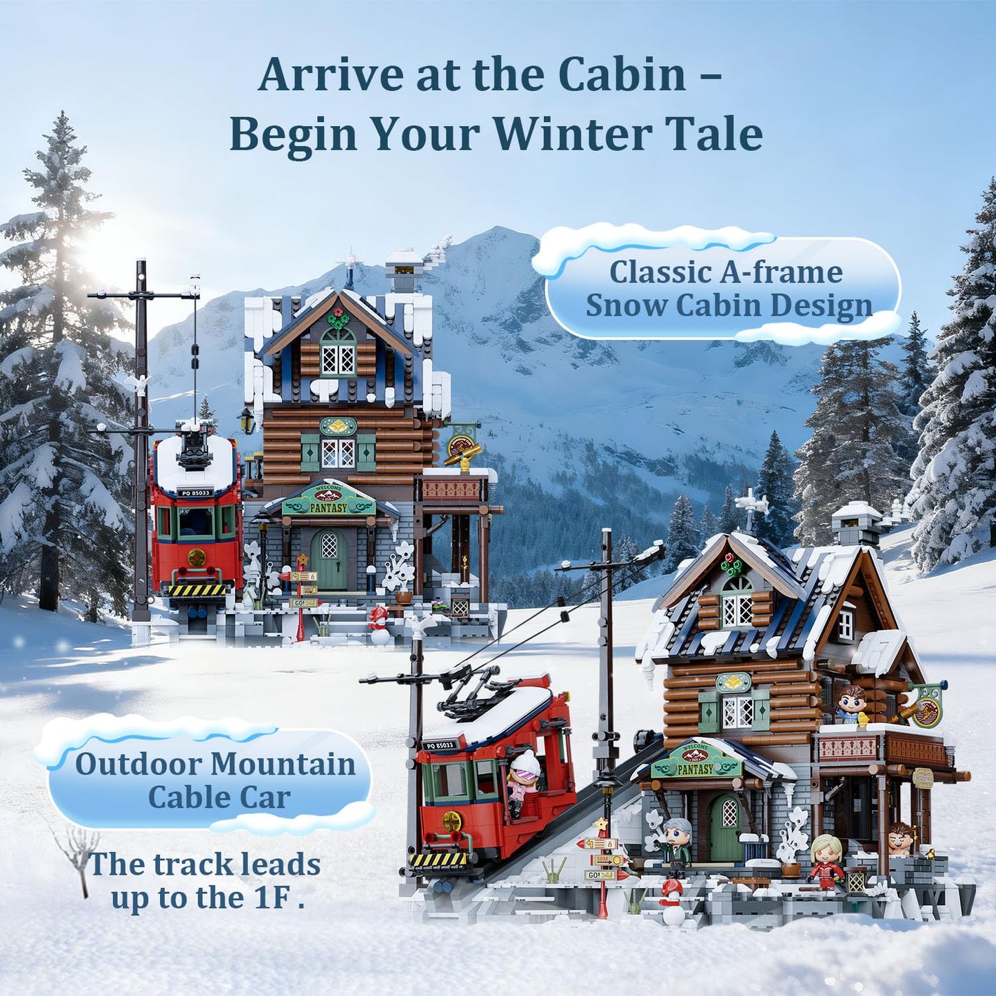 PANTASY Winter Summit Ski Lodge Building Set | 3-Story Alpine Cabin with Cable Car