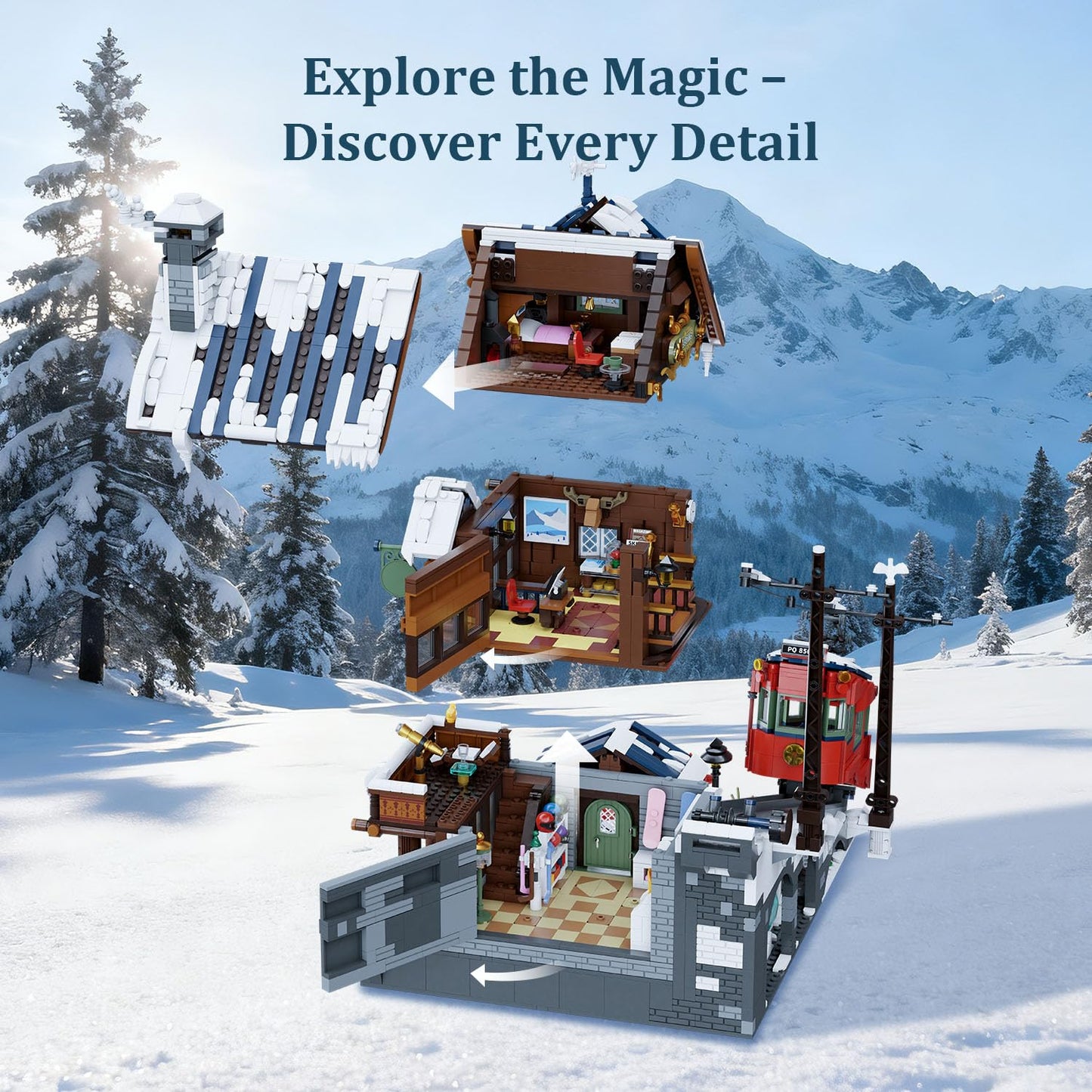 PANTASY Winter Summit Ski Lodge Building Set | 3-Story Alpine Cabin with Cable Car