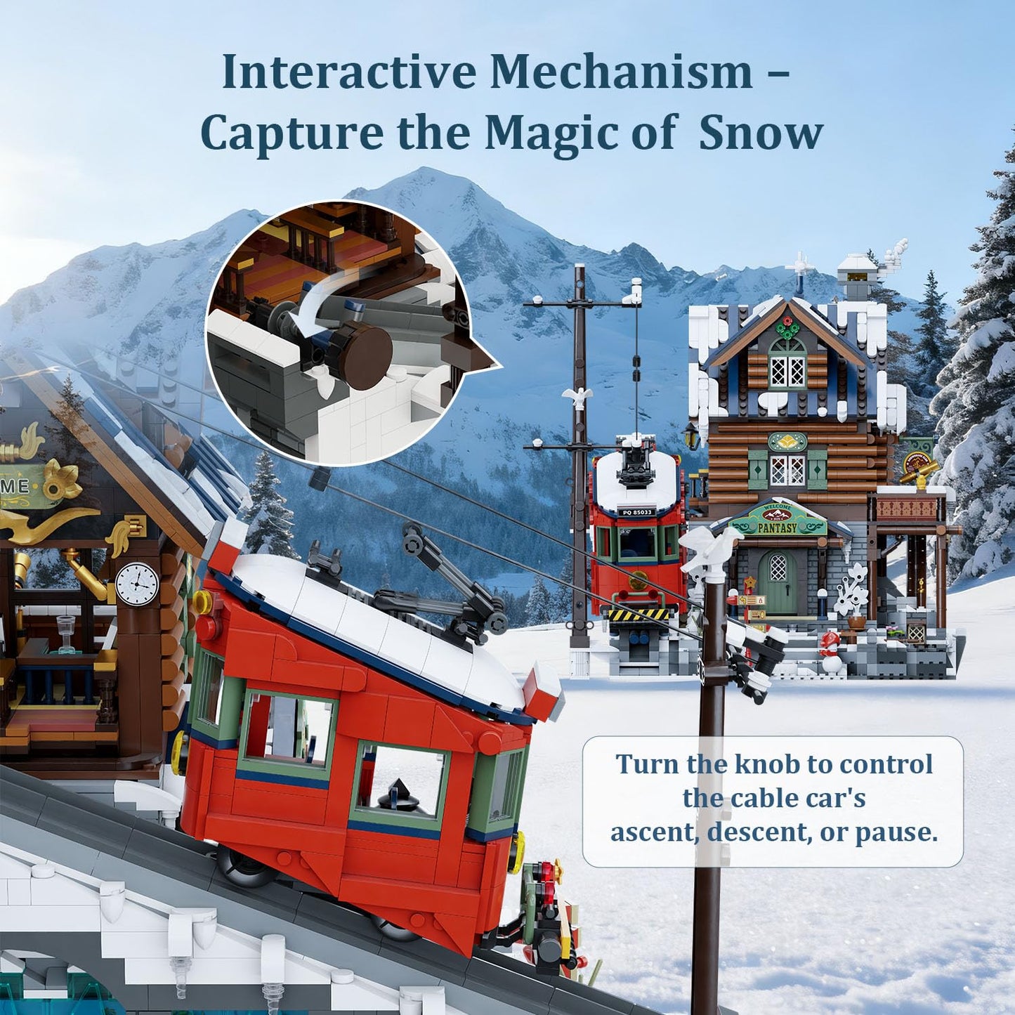PANTASY Winter Summit Ski Lodge Building Set | 3-Story Alpine Cabin with Cable Car