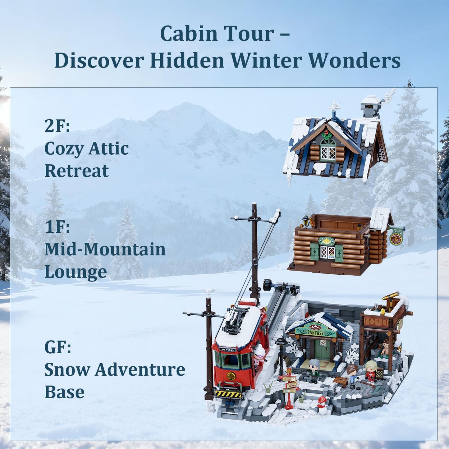 PANTASY Winter Summit Ski Lodge Building Set | 3-Story Alpine Cabin with Cable Car