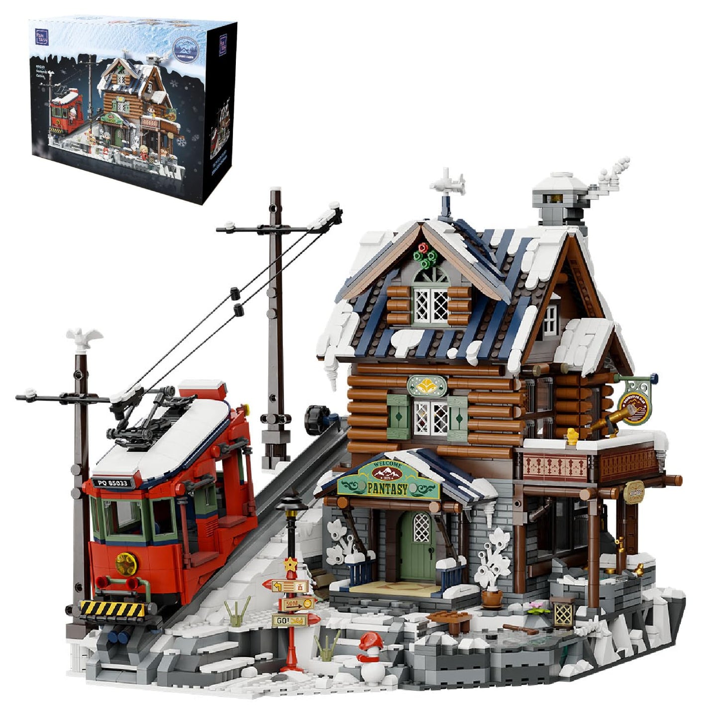 PANTASY Winter Summit Ski Lodge Building Set | 3-Story Alpine Cabin with Cable Car