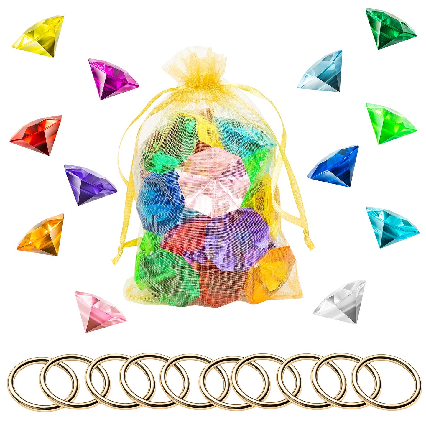 Pantide 35Pcs Acrylic Diamond Gems & Gold Power Rings Set – Cake Decor & Party Favors