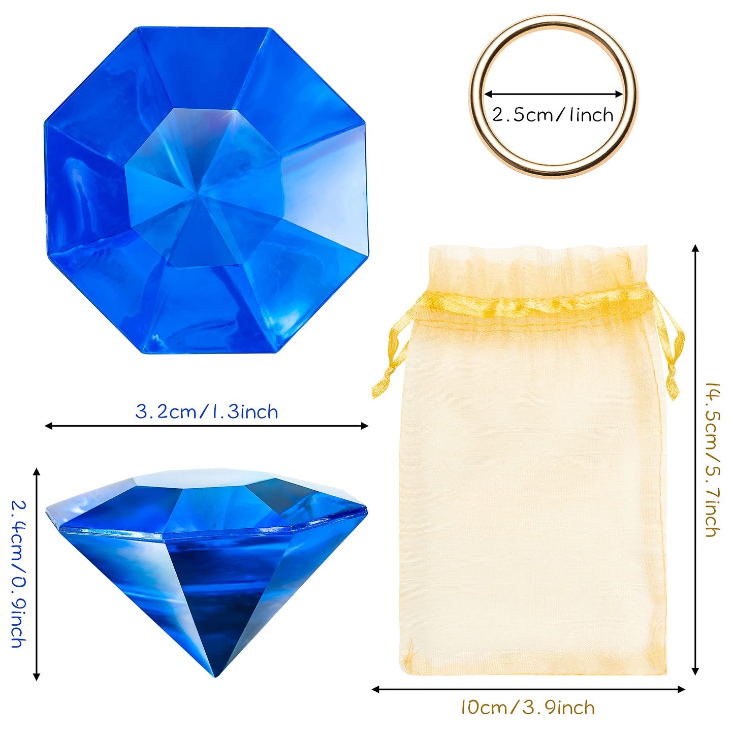 Pantide 35Pcs Acrylic Diamond Gems & Gold Power Rings Set – Cake Decor & Party Favors