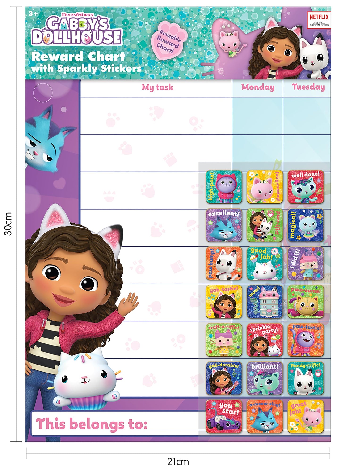 Gabby's Dollhouse Everyday Reward Chart by Paper Projects – 56 Sparkly Stickers, Wipe-Clean A3 Chart (29.7x42 cm)