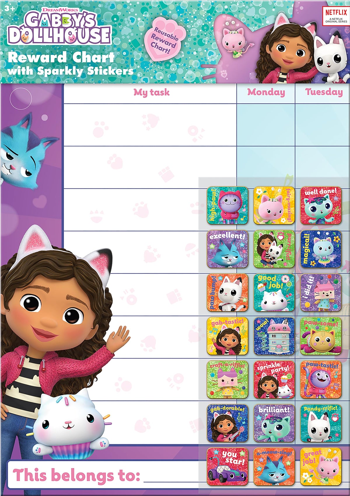 Gabby's Dollhouse Everyday Reward Chart by Paper Projects – 56 Sparkly Stickers, Wipe-Clean A3 Chart (29.7x42 cm)