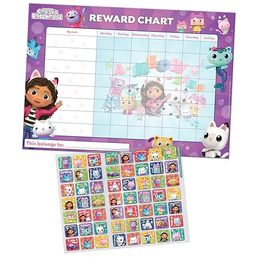 Gabby's Dollhouse Everyday Reward Chart by Paper Projects – 56 Sparkly Stickers, Wipe-Clean A3 Chart (29.7x42 cm)