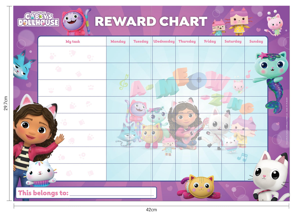 Gabby's Dollhouse Everyday Reward Chart by Paper Projects – 56 Sparkly Stickers, Wipe-Clean A3 Chart (29.7x42 cm)