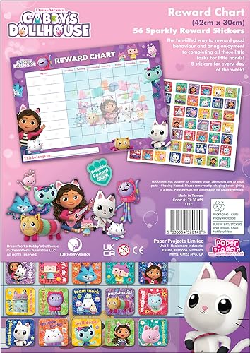 Gabby's Dollhouse Everyday Reward Chart by Paper Projects – 56 Sparkly Stickers, Wipe-Clean A3 Chart (29.7x42 cm)