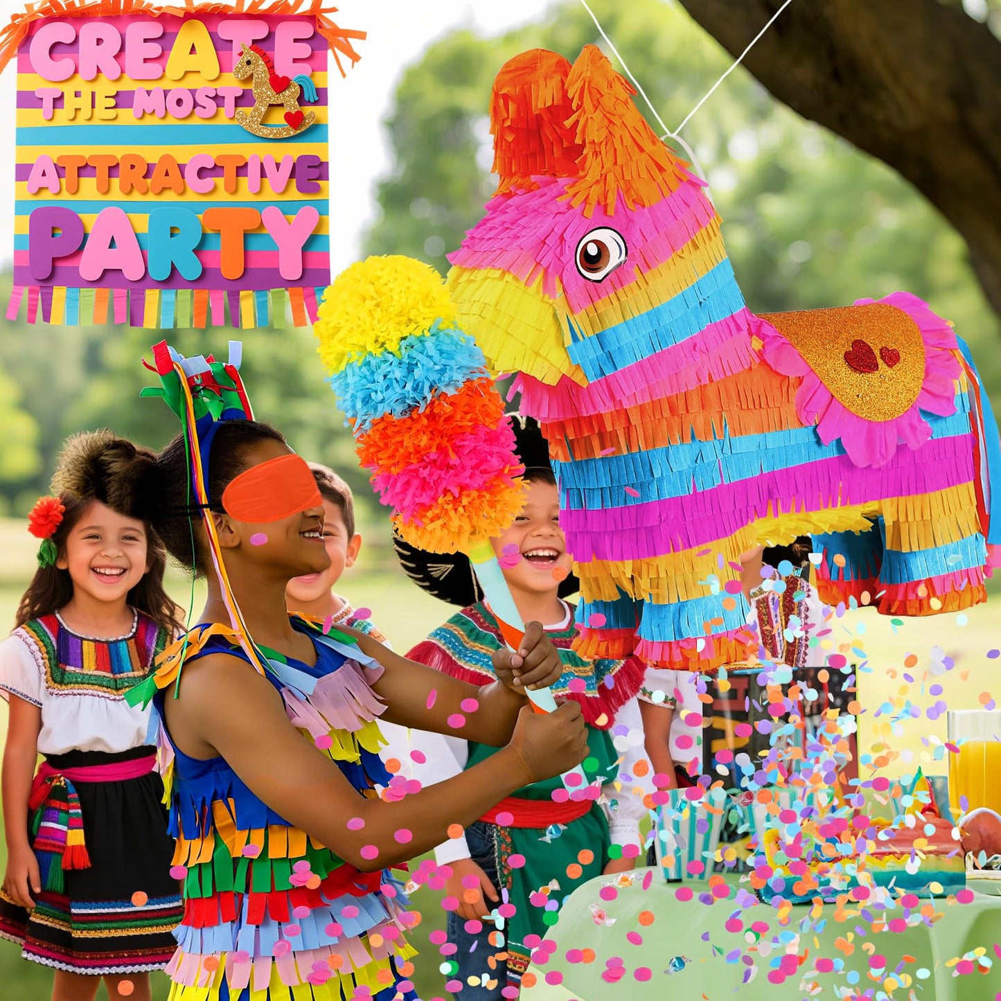 Pardecor Cinco de Mayo Donkey Pinata – 24-Inch Stick & Rope Rainbow Pinata for Parties