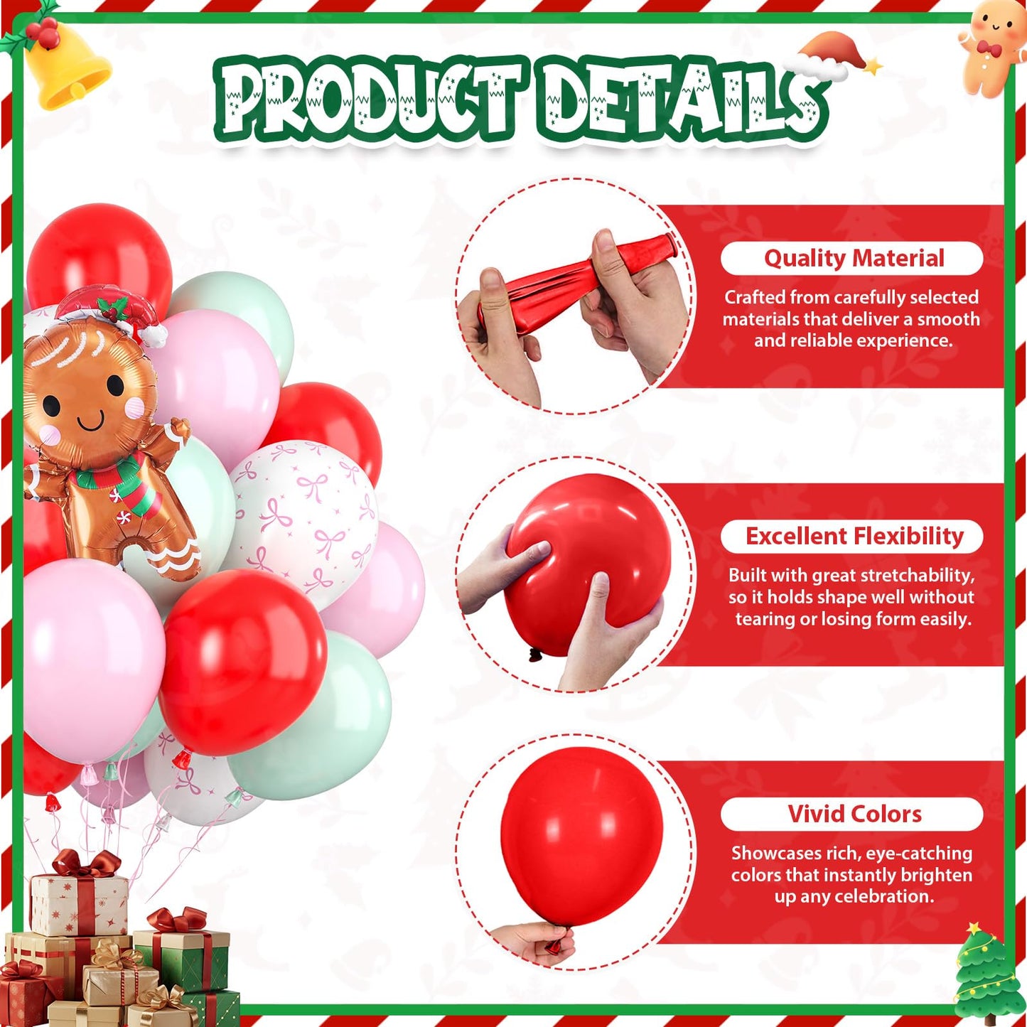 Paready Christmas Balloons 60pcs Pastel Pink, Green & Red with Gingerbread Man Foil