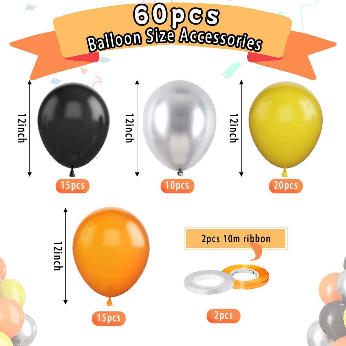 Paready Balloons Set – 60 Pcs Black, Orange, Yellow & Metallic Silver, 12-Inch Car Theme Party Decor