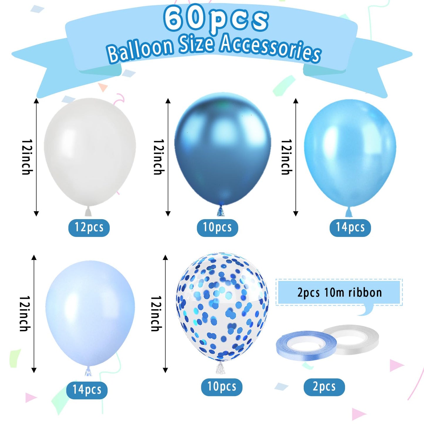 Paready 62-Piece Blue Balloons Set – 12in Latex in Macaron, Pearl, Metallic & Confetti for Baby Shower, Birthday, Wedding