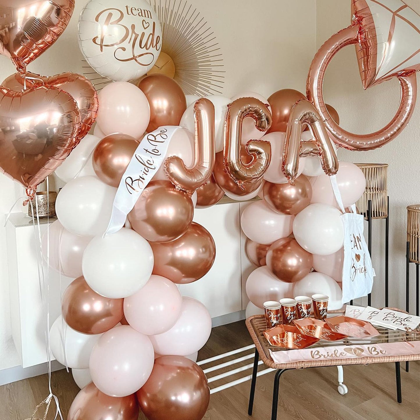 Paready Rose Gold & White Latex Balloons – 62pc 12-inch Confetti Balloons with Ribbons