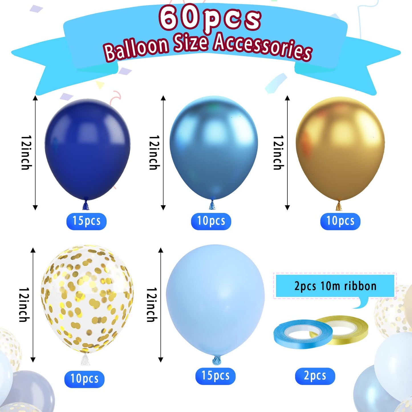 Paready Blue & Gold Confetti Balloons – 60 Pcs, 12in Navy & Metallic Gold Latex Party Decor