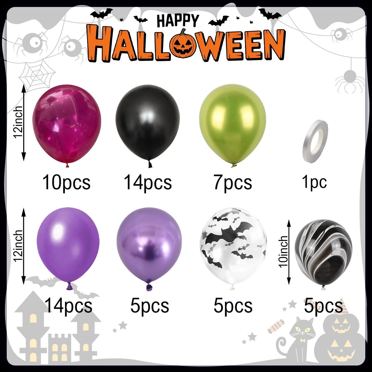 Paready Halloween Balloons Set – 60 Pcs Hot Pink, Black, Green & Purple Metallic Balloons with Bat Print