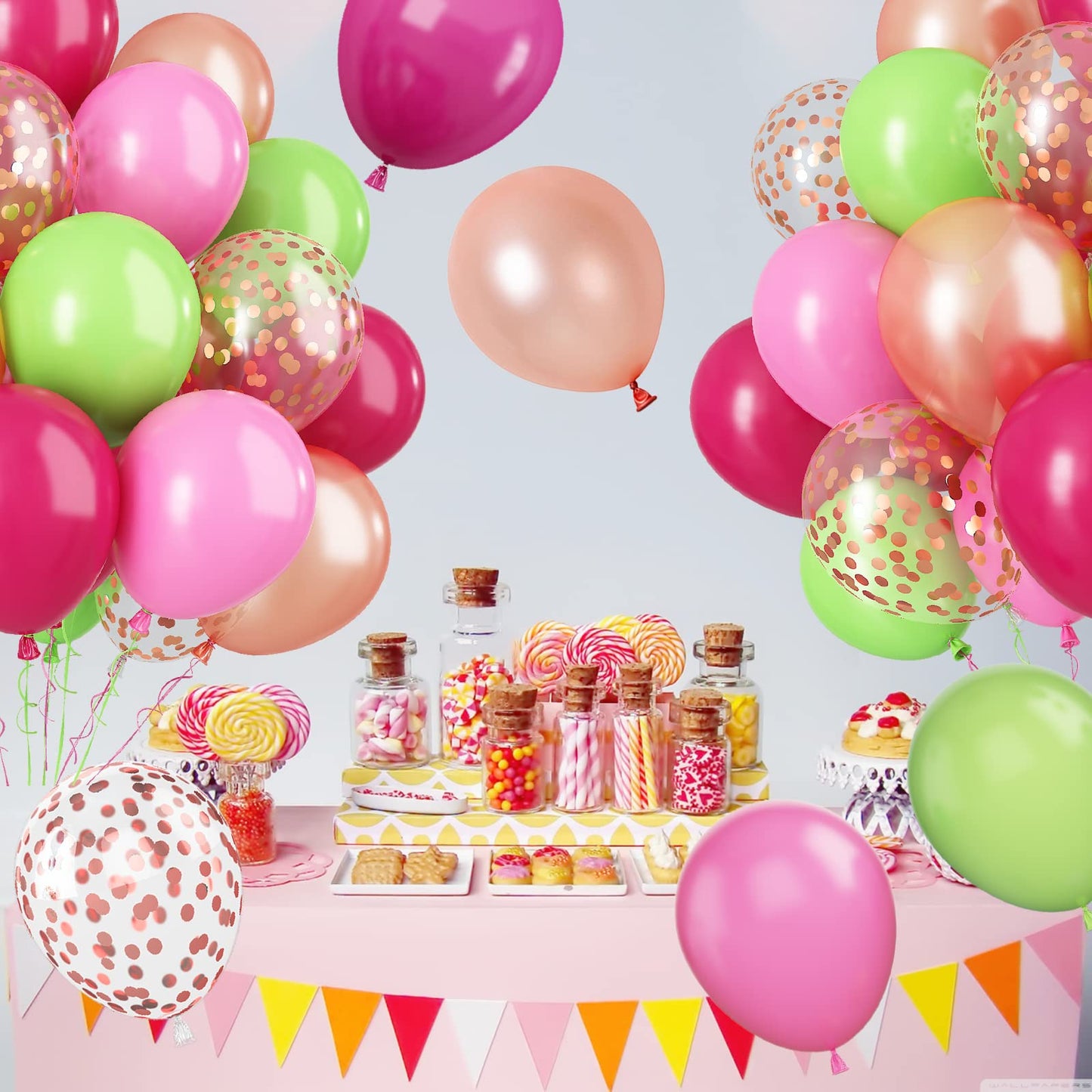 Paready Tropical Party Balloons – Green & Pink 60 Pcs 12 Inch Confetti & Rose Gold for Luau, Birthday, Baby Shower