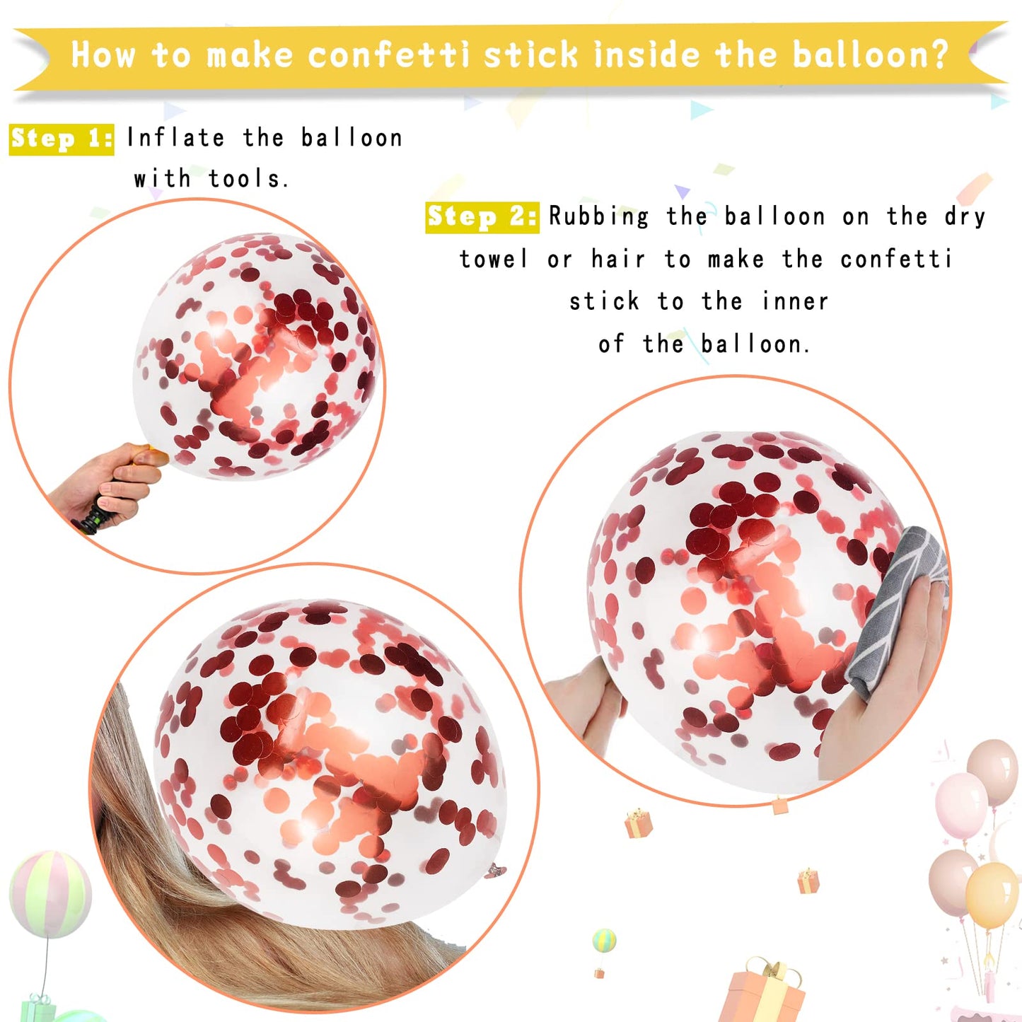 Paready Rose Gold & White Latex Balloons – 62pc 12-inch Confetti Balloons with Ribbons