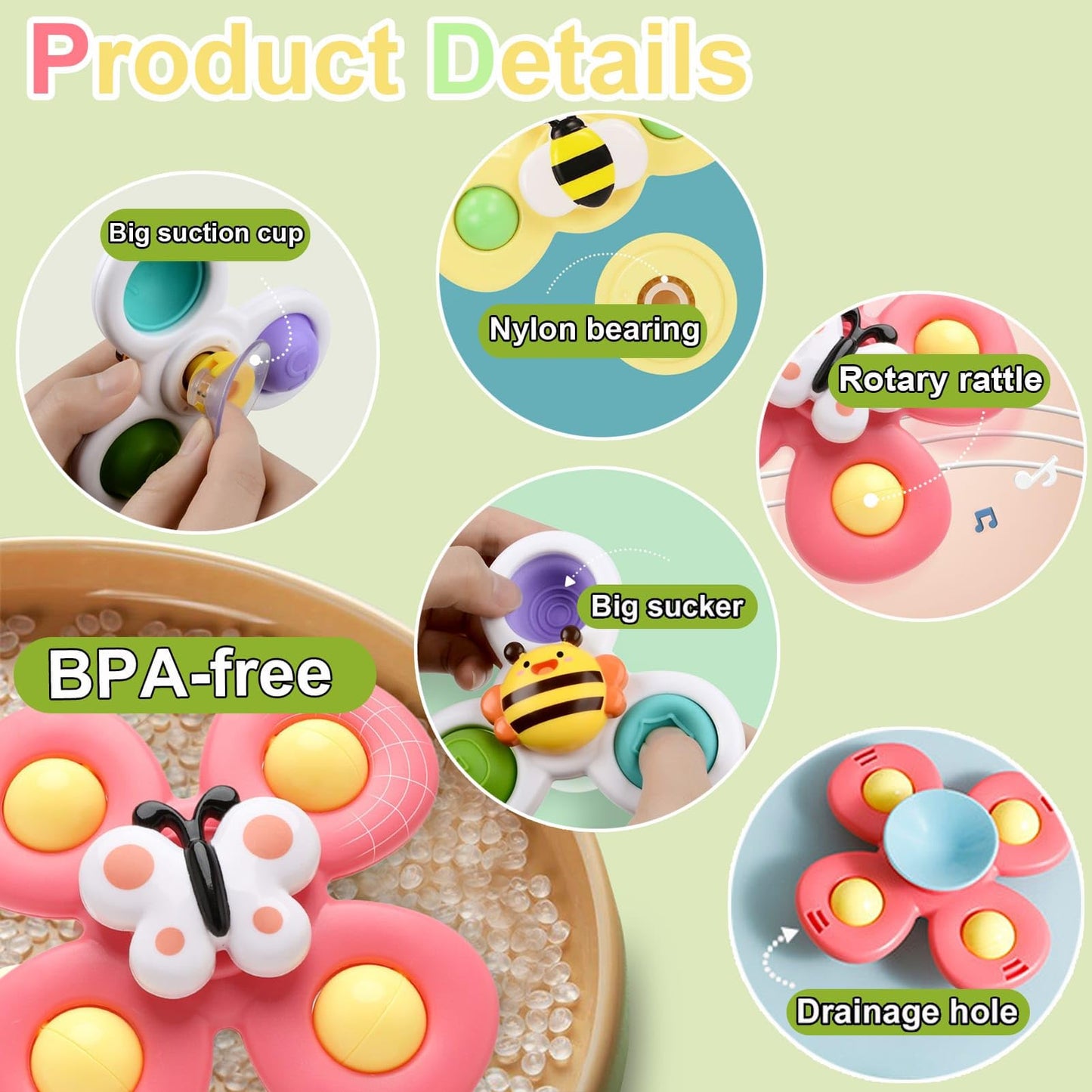 PARHILYAR Suction Cup Spinner Toy for Baby – Bath Time Sensory Spinner for 12-18 Months