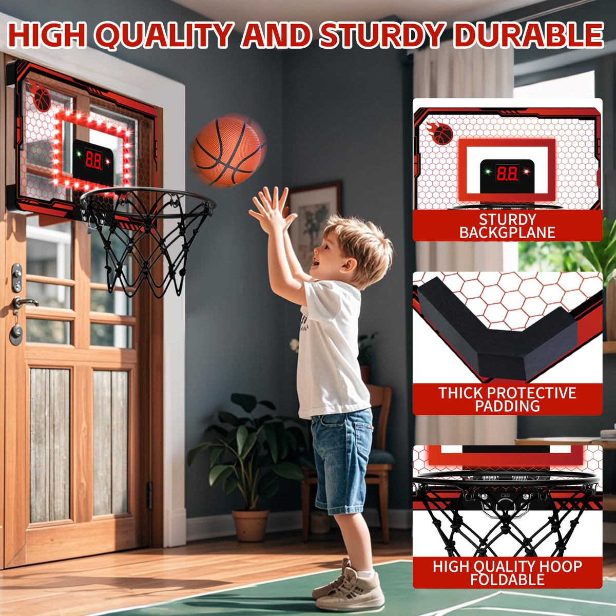 PAROTO Mini Basketball Hoop Indoor with LED Scoreboard — Over-the-Door Hoop, 3 Balls