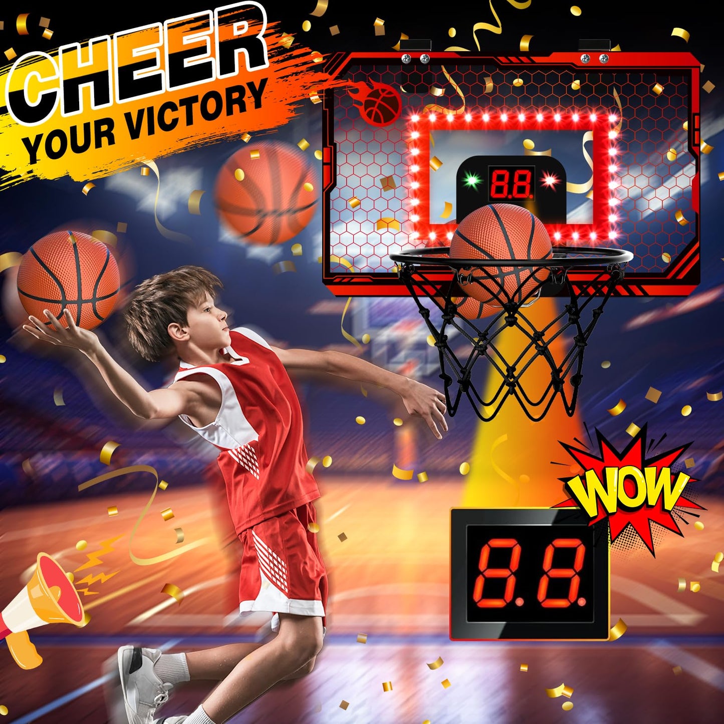 PAROTO Mini Basketball Hoop Indoor with LED Scoreboard — Over-the-Door Hoop, 3 Balls