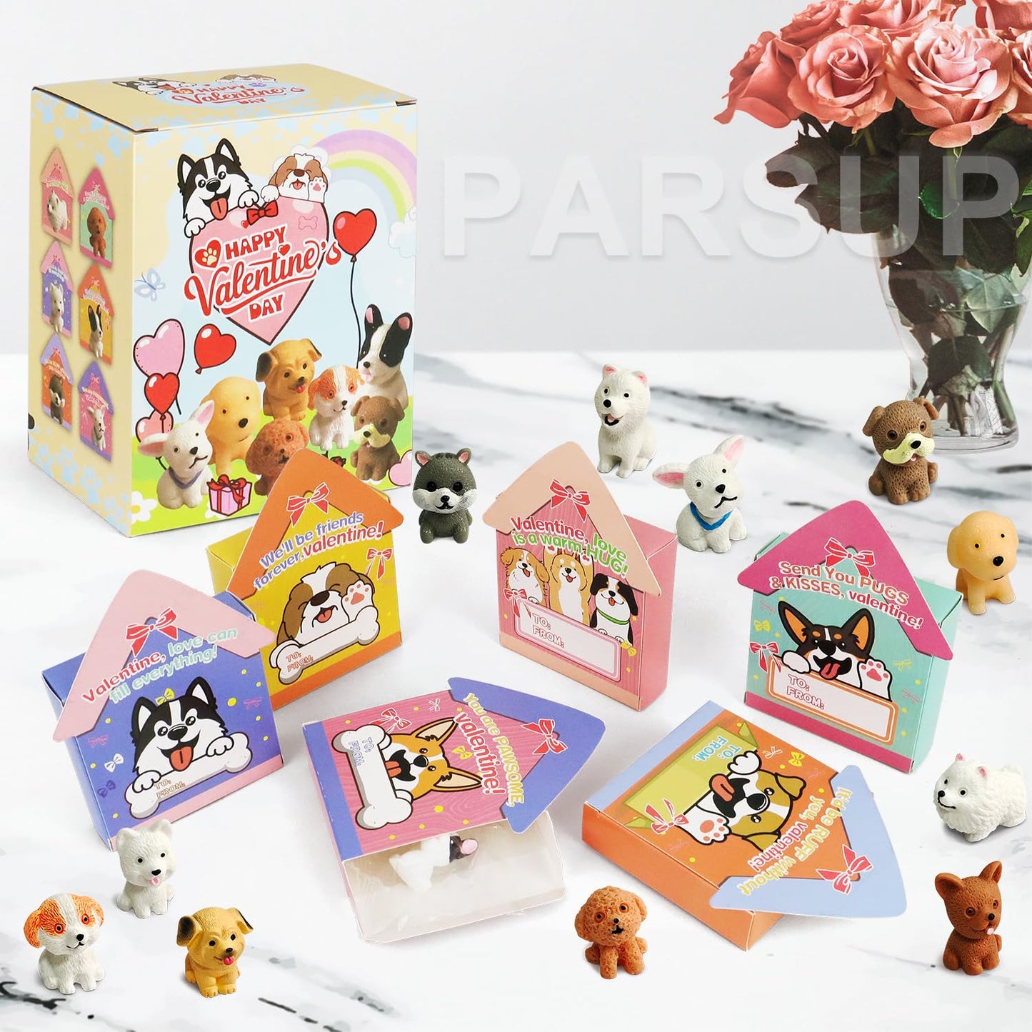PARSUP Valentines Day Cards for Kids – 24-Pack with 3D Dog House and Puppy Figurines