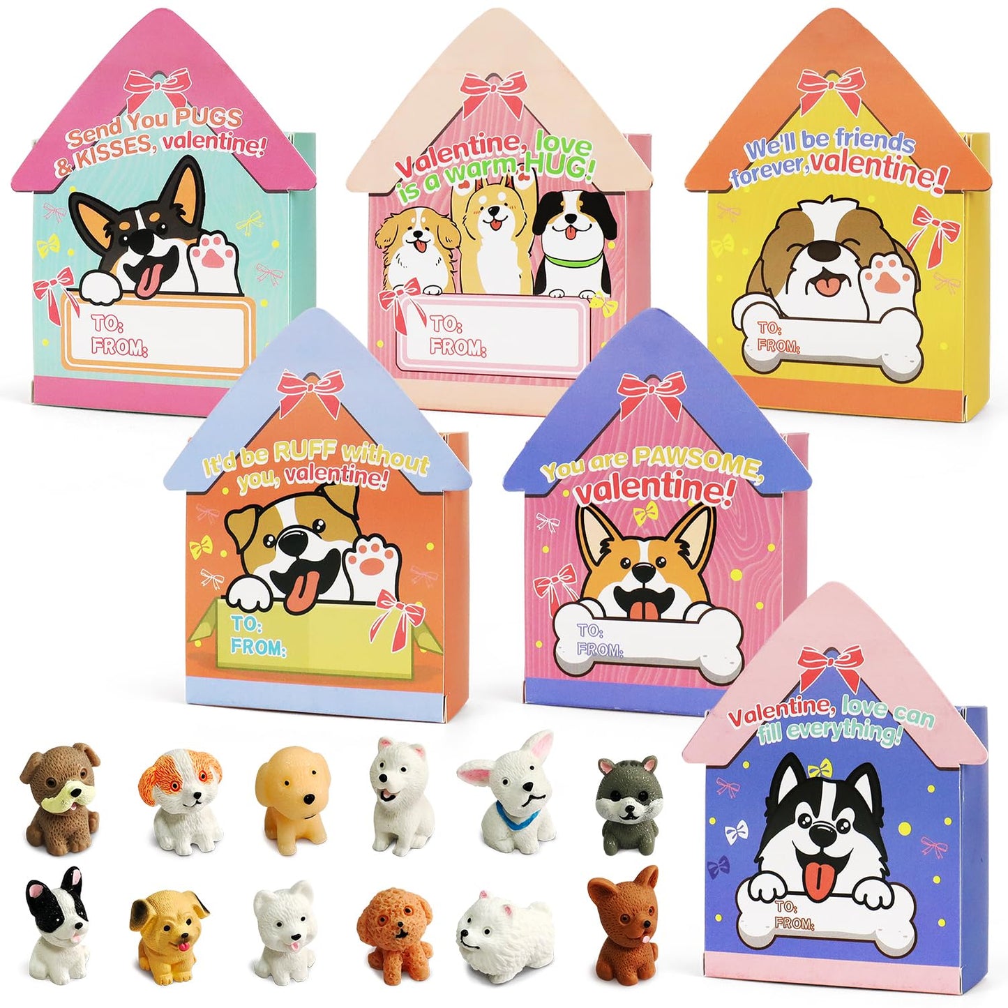 PARSUP Valentines Day Cards for Kids – 24-Pack with 3D Dog House and Puppy Figurines