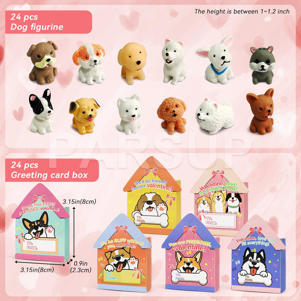 PARSUP Valentines Day Cards for Kids – 24-Pack with 3D Dog House and Puppy Figurines