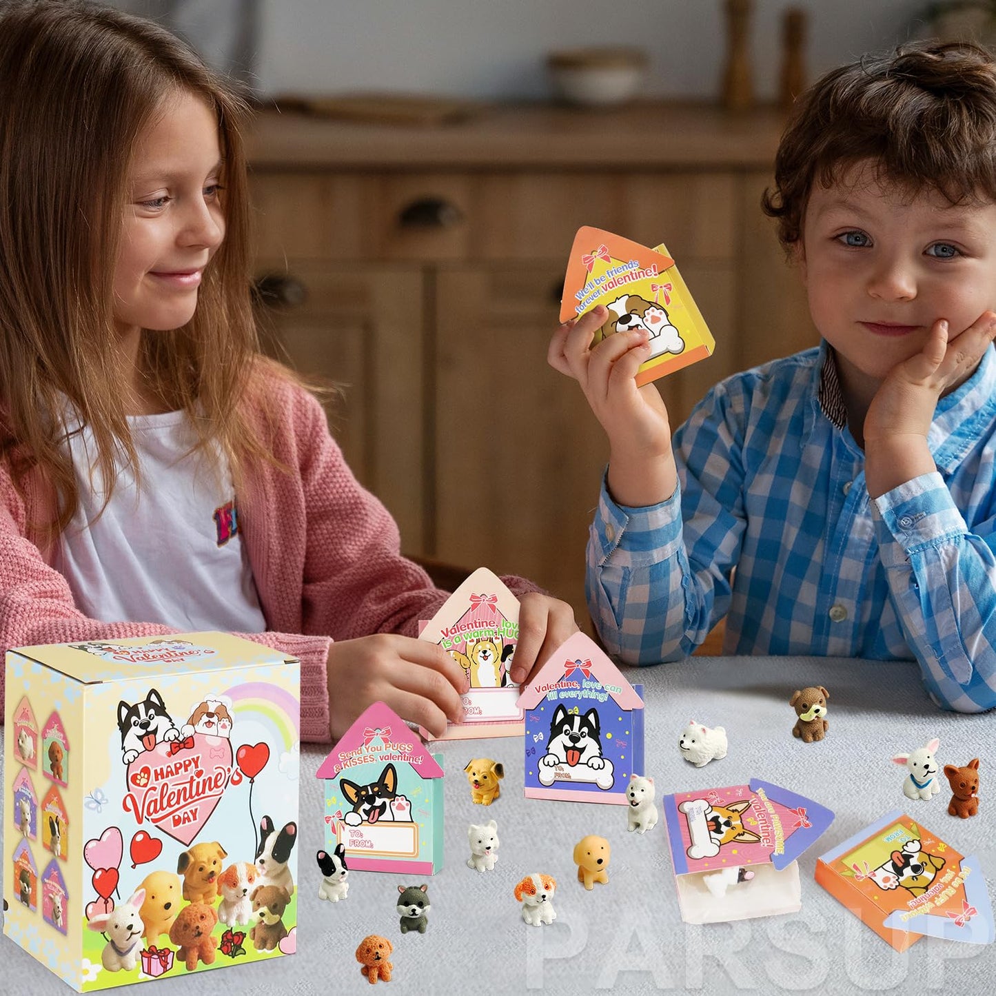 PARSUP Valentines Day Cards for Kids – 24-Pack with 3D Dog House and Puppy Figurines