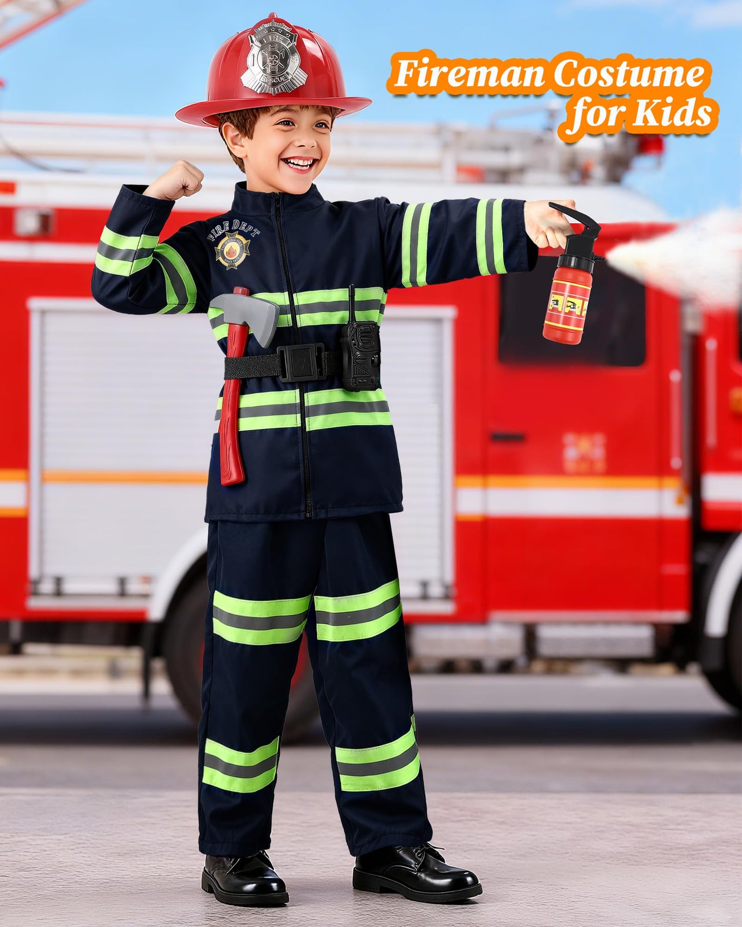 PARTTELY Fireman Costume for Kids with Toys – Firefighter Dress-Up Set
