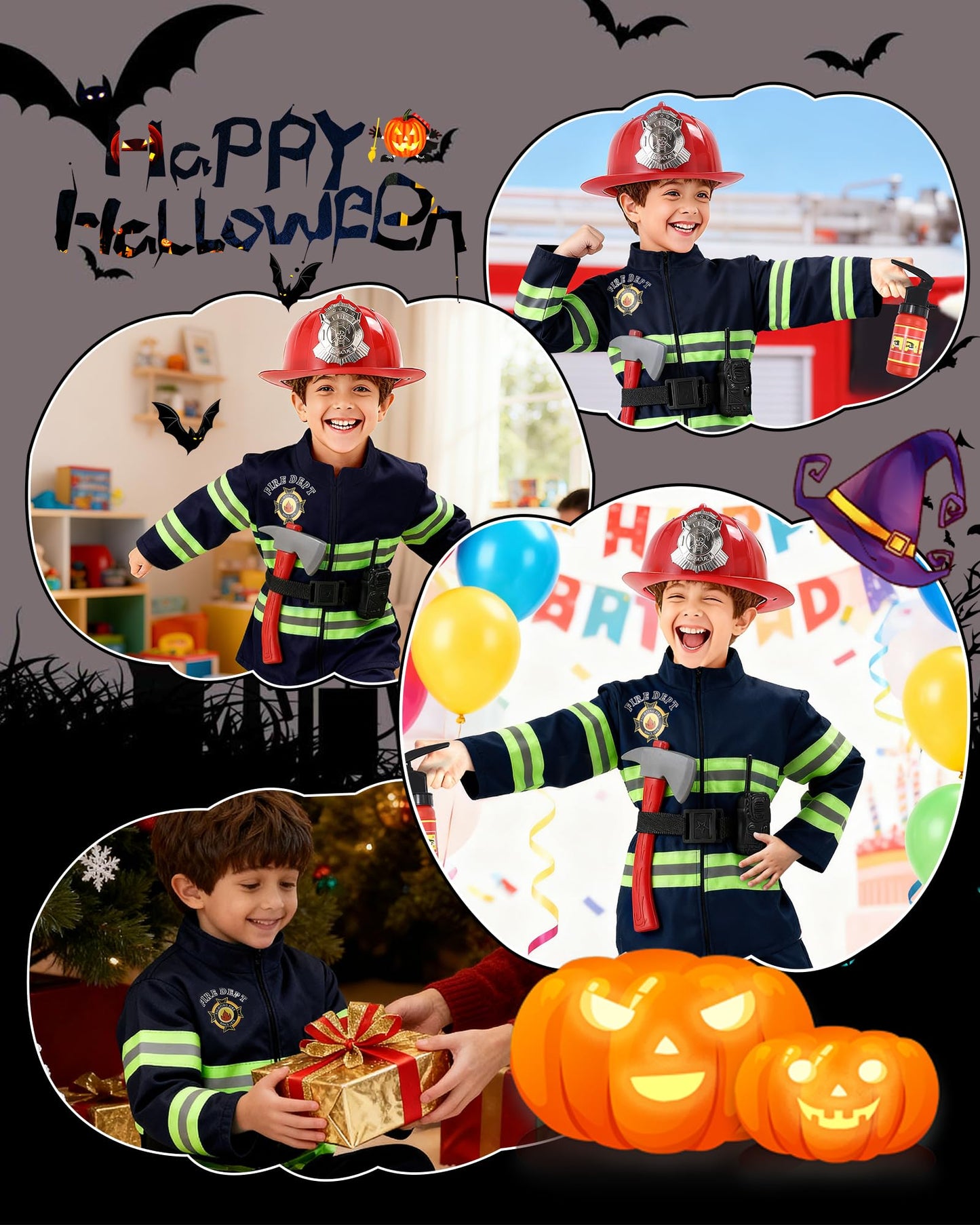 PARTTELY Fireman Costume for Kids with Toys – Firefighter Dress-Up Set