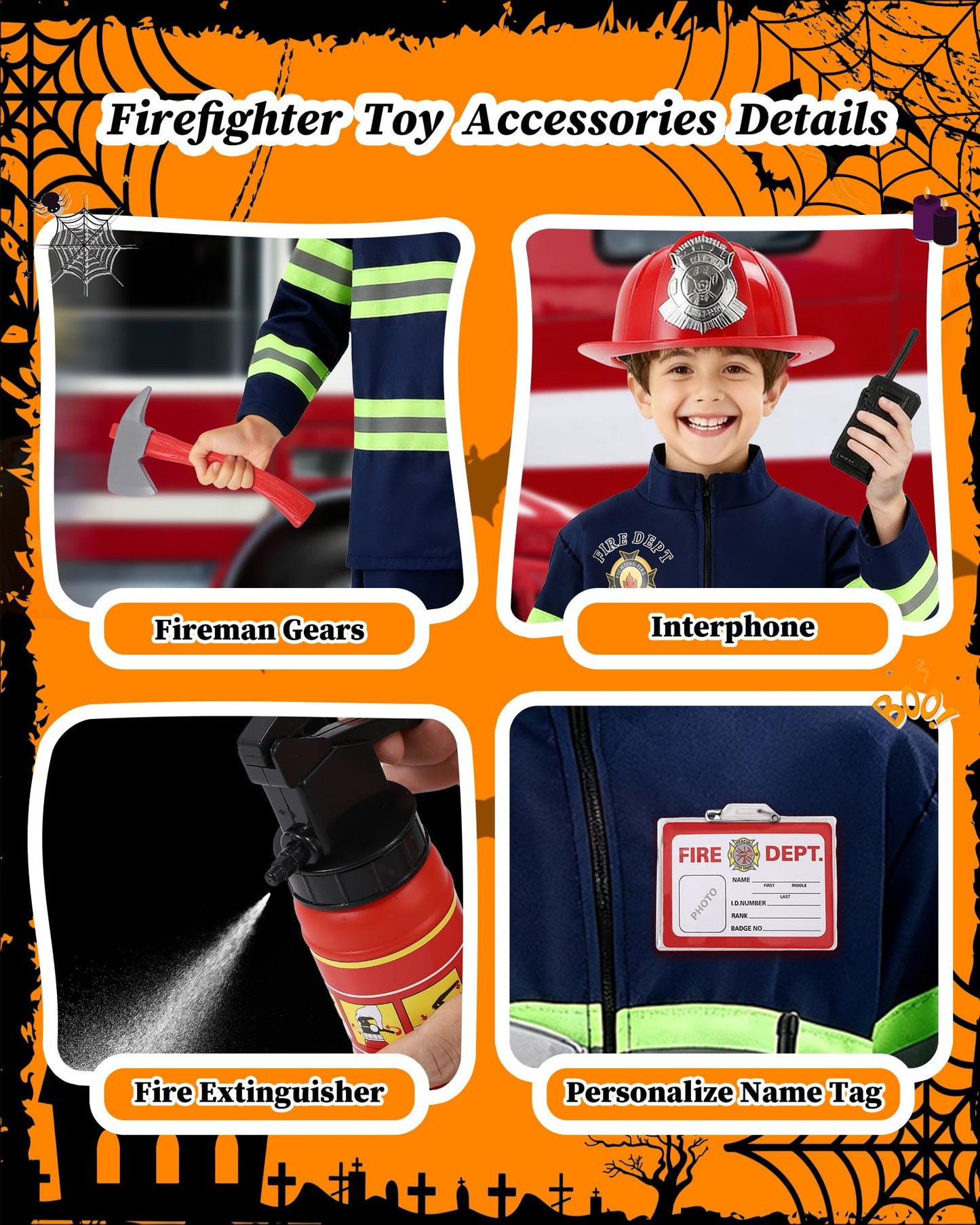 PARTTELY Fireman Costume for Kids with Toys – Firefighter Dress-Up Set