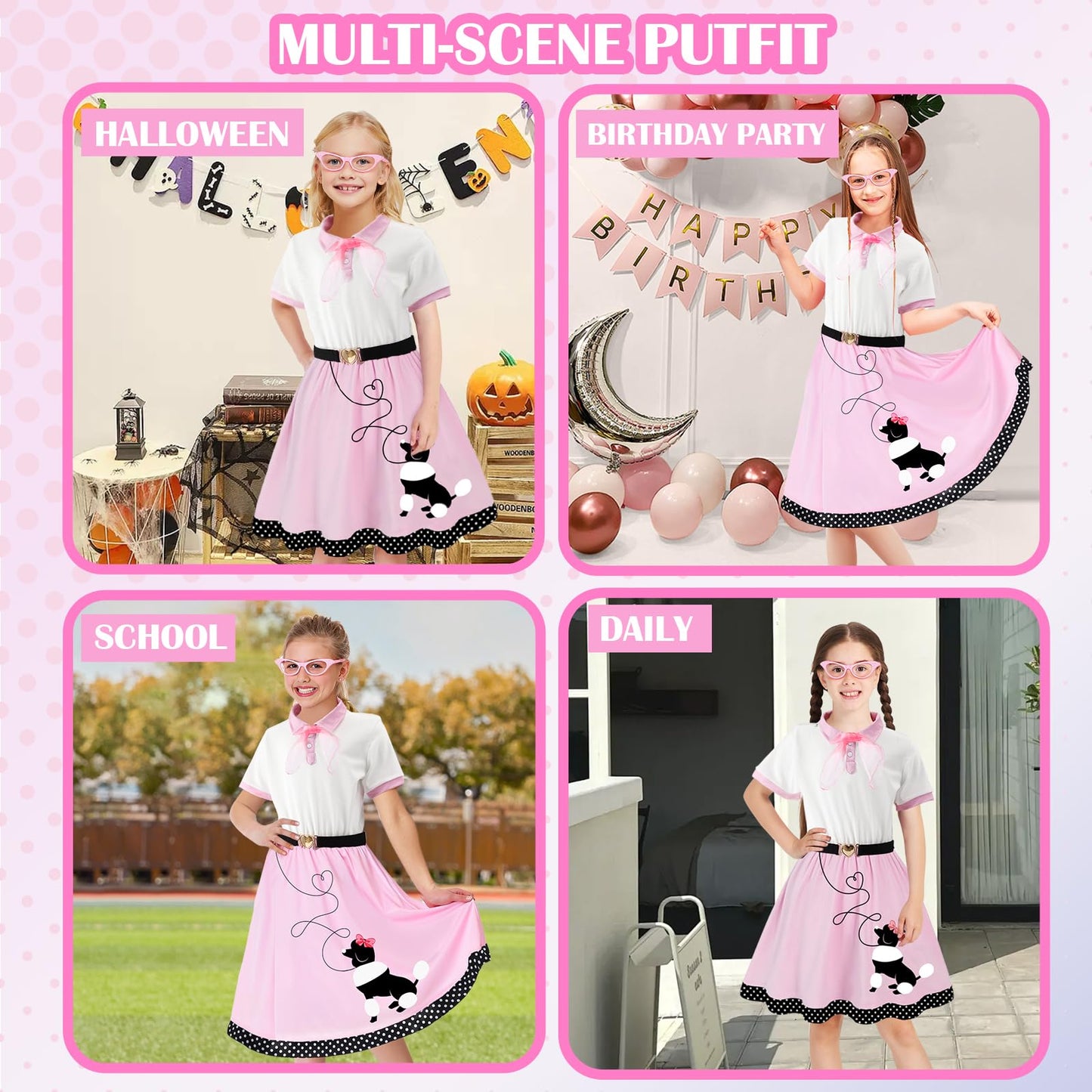 PARTTELY Poodle Skirt – 5pc 1950s Sock Hop Costume for Girls
