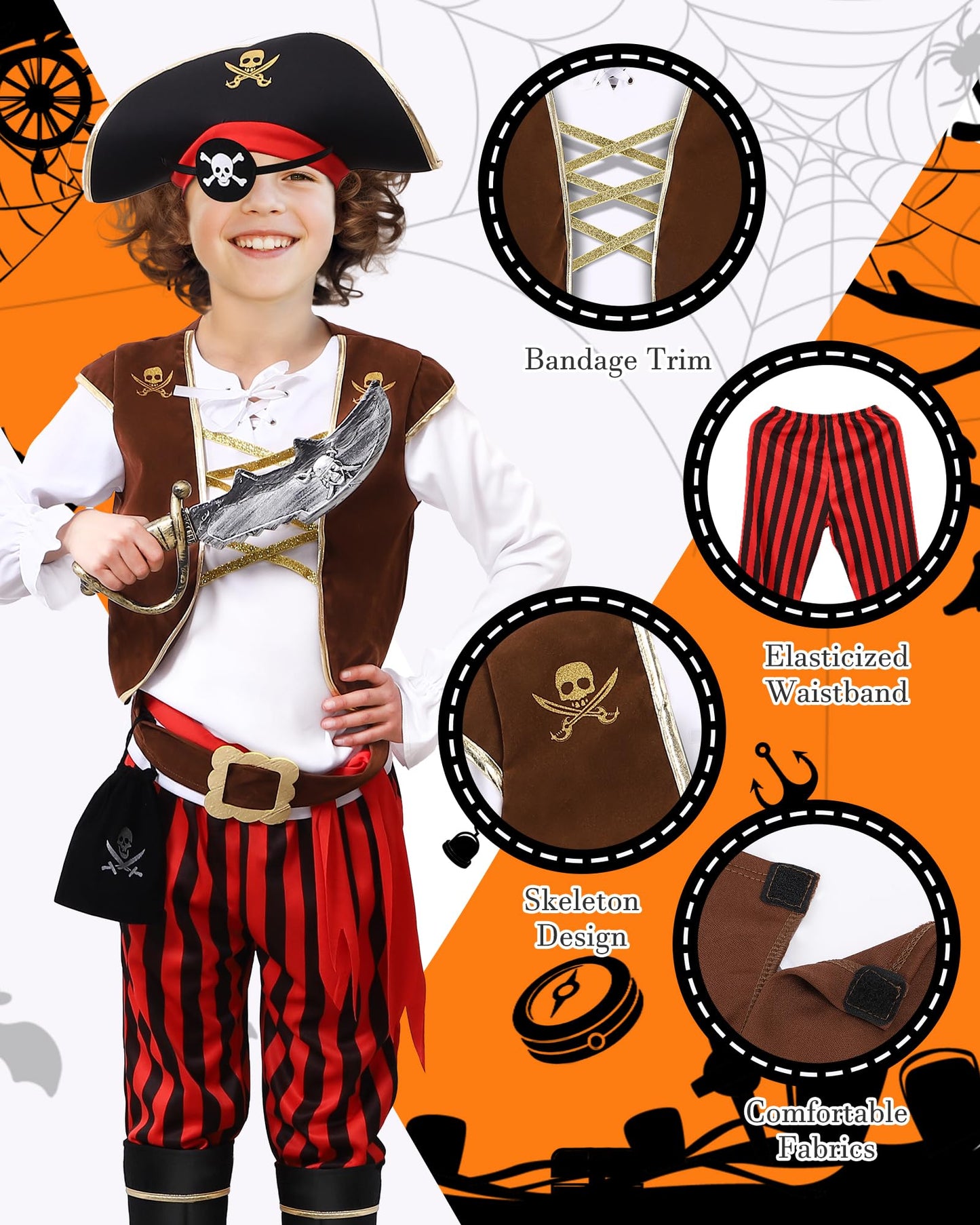 PARTTELY Pirate Costume Set for Boys 3-14 | 6-Piece Kids Pirate Dress-Up, Red