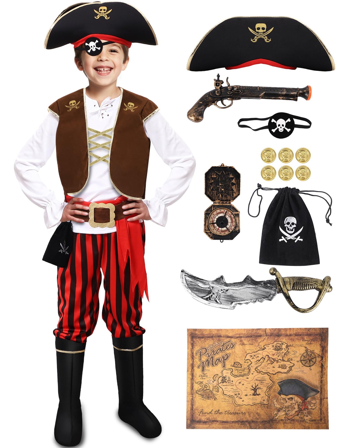PARTTELY Pirate Costume Set for Kids 3-14 – Boys Dress-Up Kit in Red