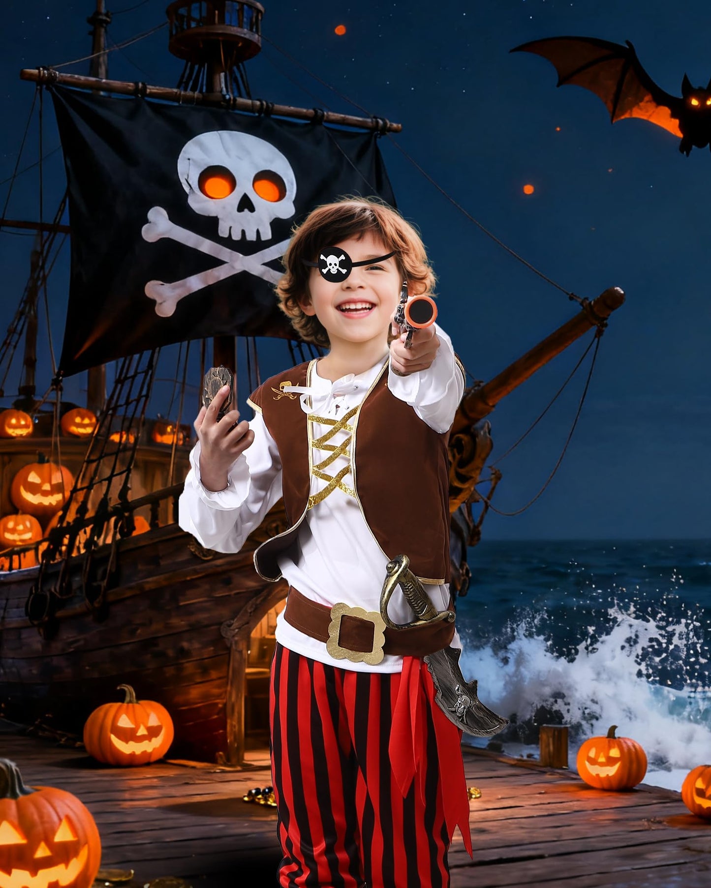 PARTTELY Pirate Costume Set for Kids 3-14 – Boys Dress-Up Kit in Red