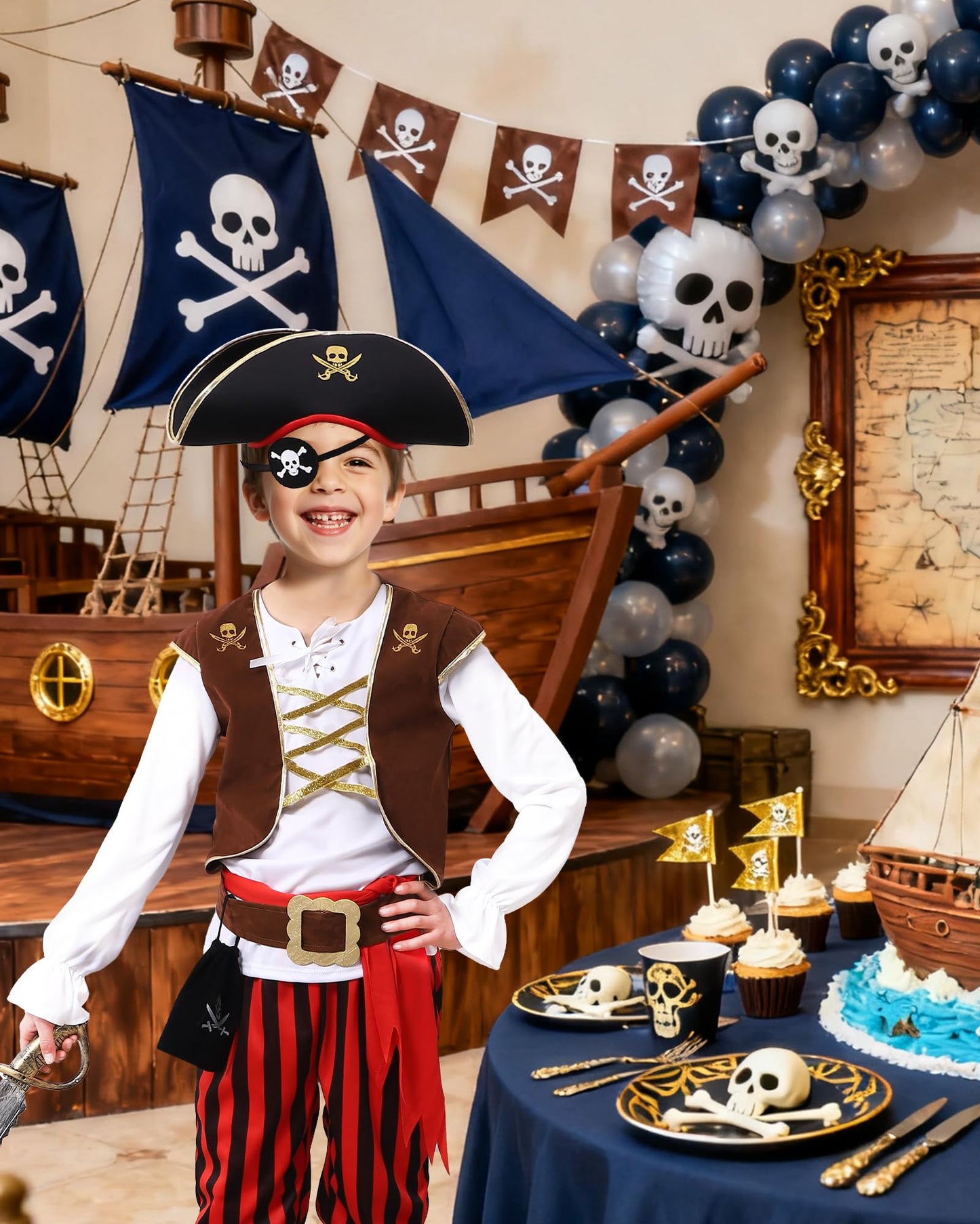 PARTTELY Pirate Costume Set for Kids 3-14 – Boys Dress-Up Kit in Red