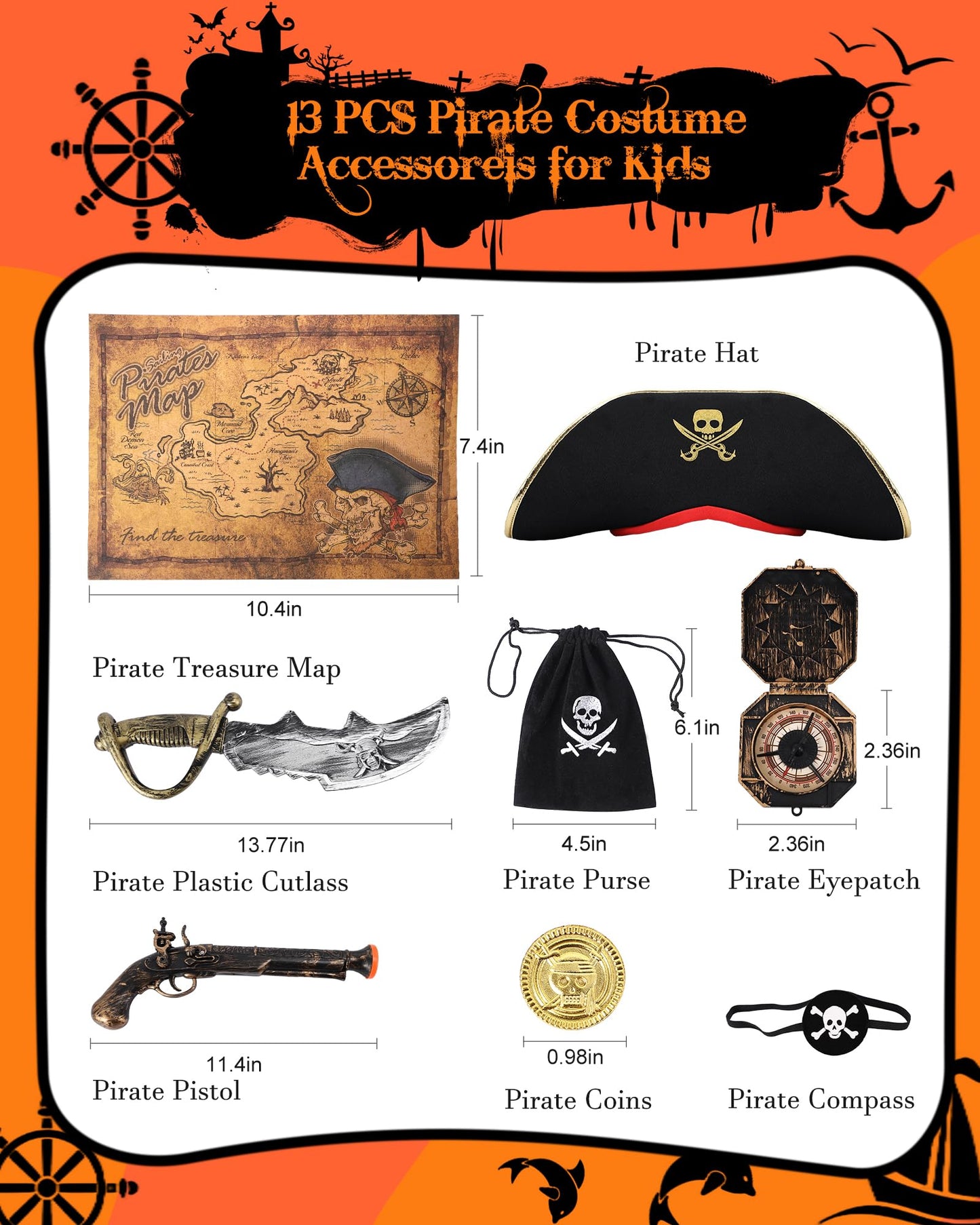 PARTTELY Pirate Costume Set for Boys 3-14 | 6-Piece Kids Pirate Dress-Up, Red
