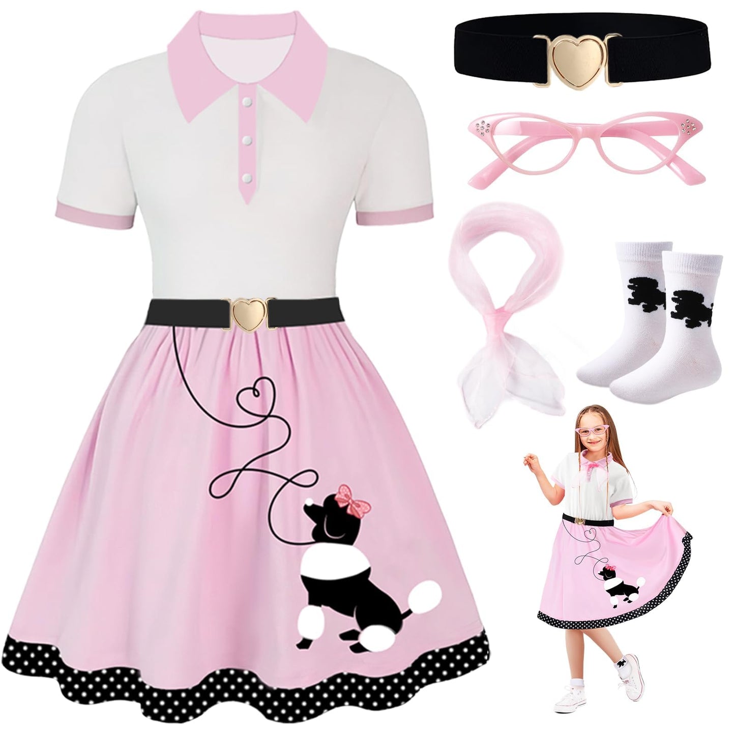 PARTTELY Poodle Skirt – 5pc 1950s Sock Hop Costume for Girls