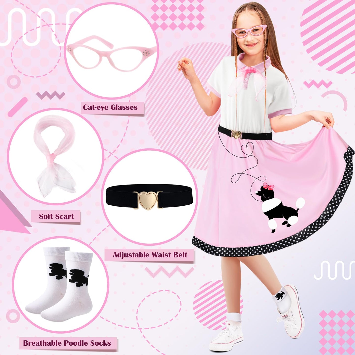 PARTTELY Poodle Skirt – 5pc 1950s Sock Hop Costume for Girls