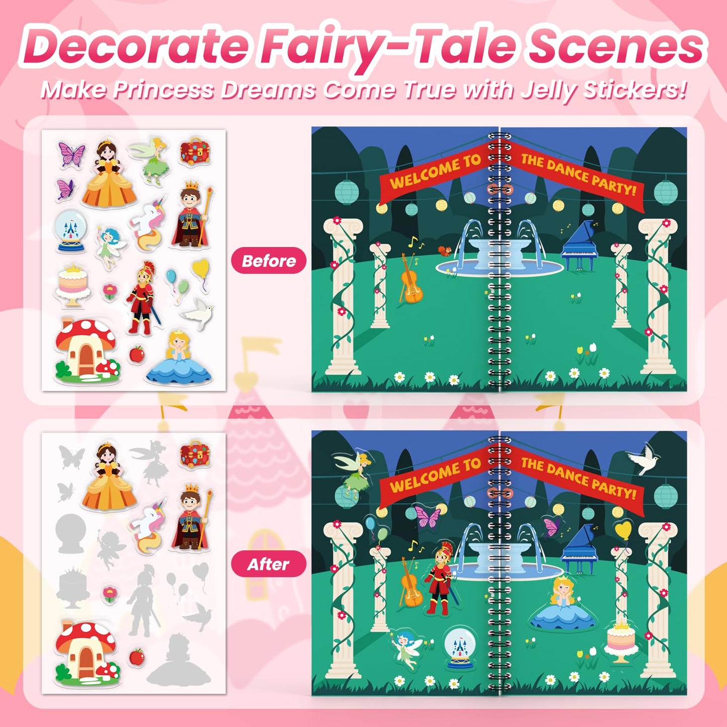 PARTYWIND Princess Reusable Sticker Book for Toddlers – DIY Jelly Stickers & Travel Activity