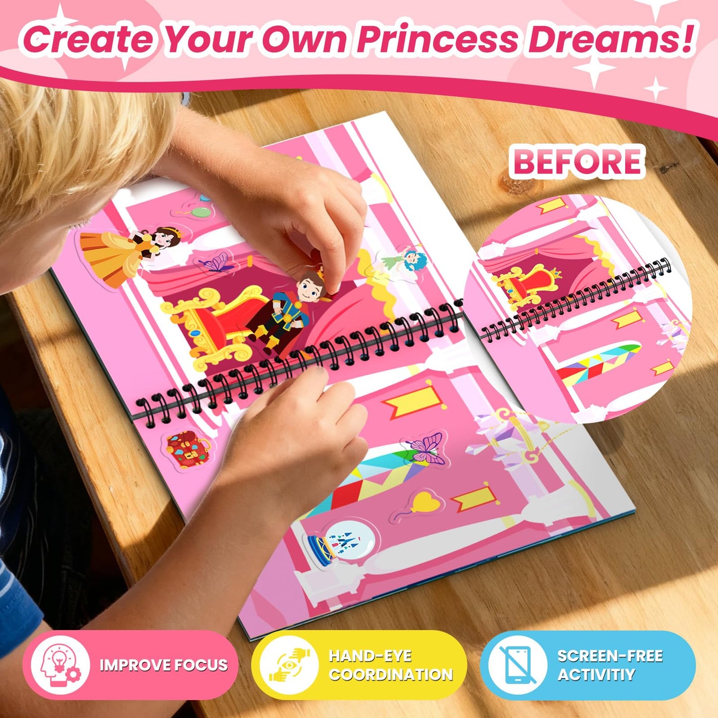 PARTYWIND Princess Reusable Sticker Book for Toddlers – DIY Jelly Stickers & Travel Activity