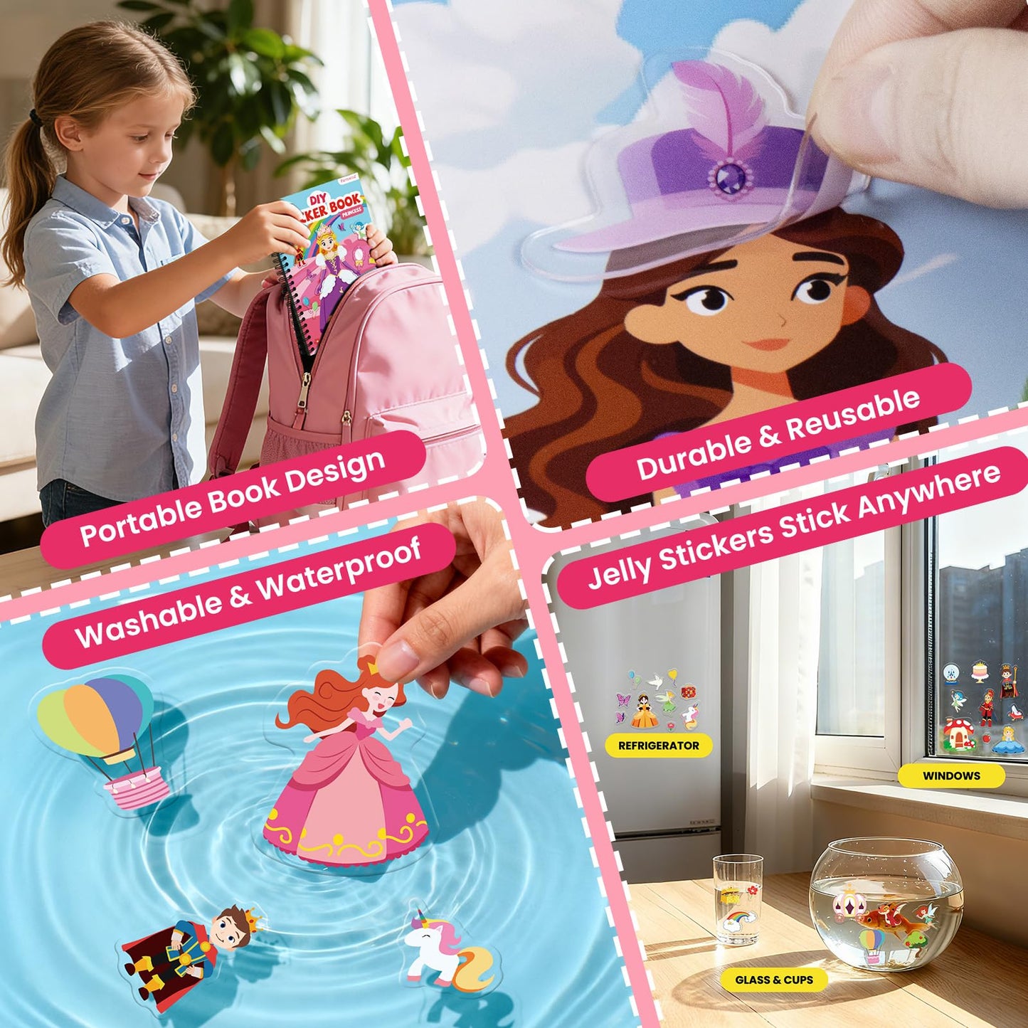 PARTYWIND Princess Reusable Sticker Book for Toddlers – DIY Jelly Stickers & Travel Activity