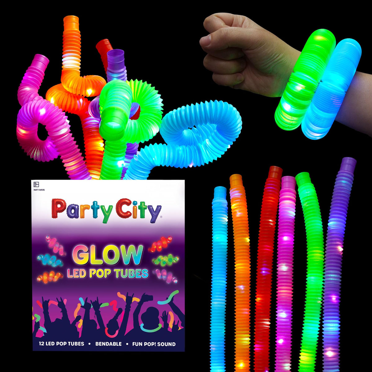 Party City 12pk LED Light Up Pop Tubes – 25-inch, 3-Mode Stretchy Glow Tubes for Parties