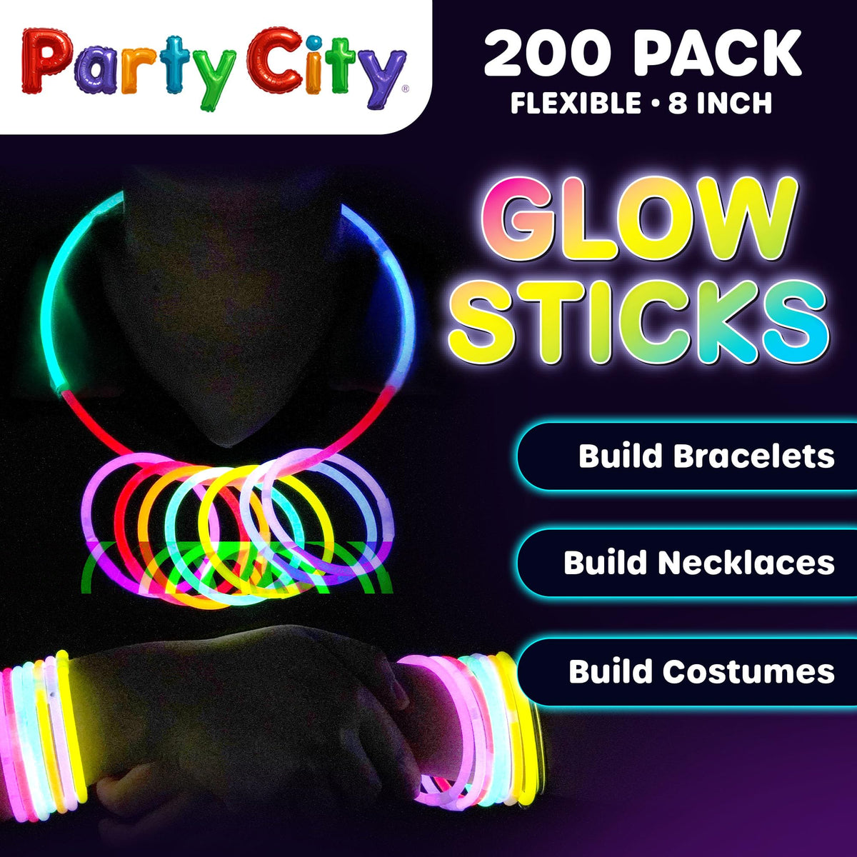 Party City 200 Glow Sticks Bulk Pack, 8-Inch Neon Glow in the Dark Party Supplies