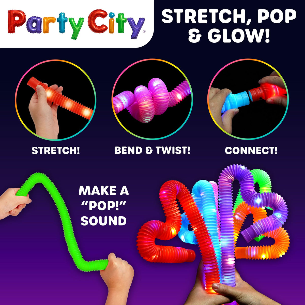 Party City 12pk LED Light Up Pop Tubes – 25-inch, 3-Mode Stretchy Glow Tubes for Parties