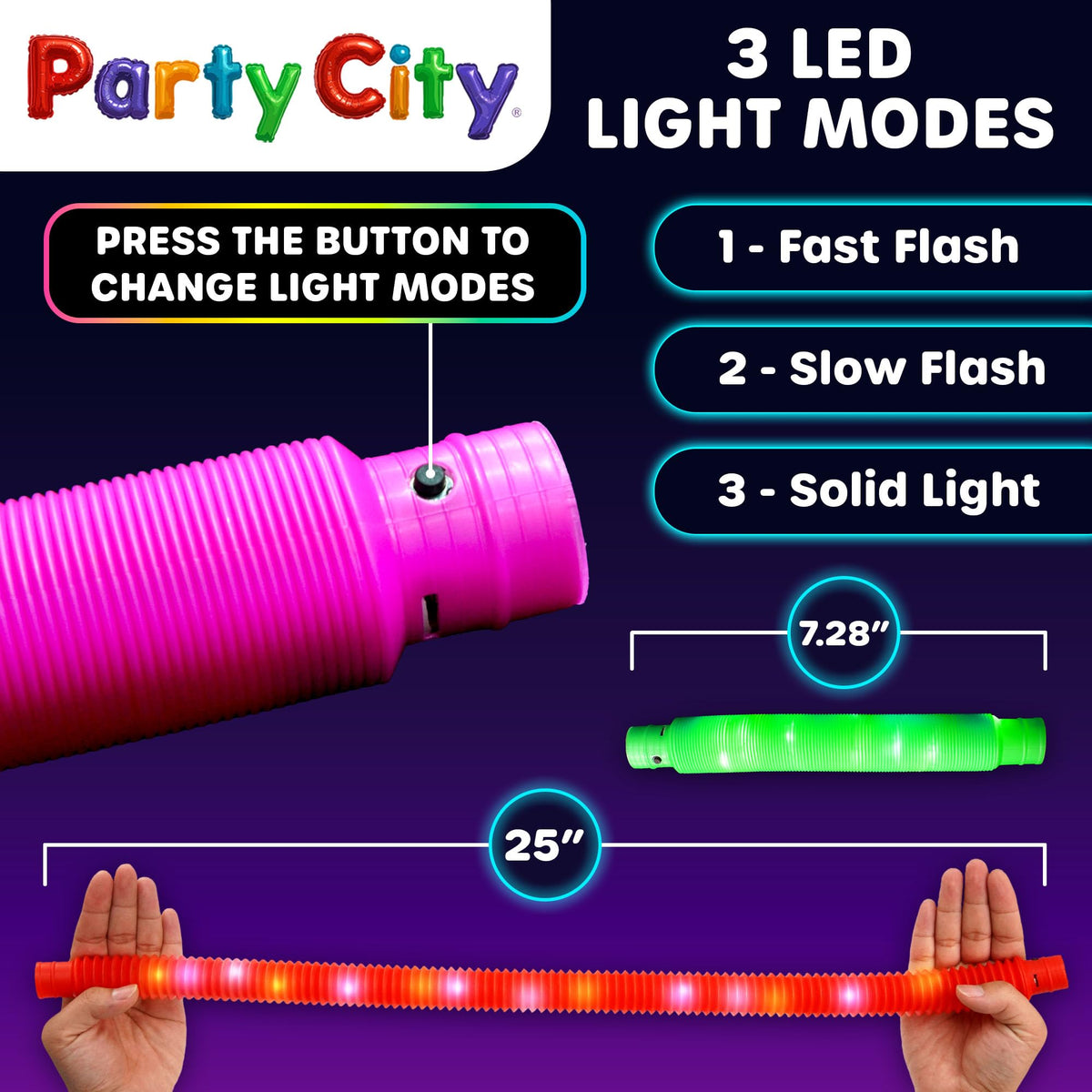 Party City 12pk LED Light Up Pop Tubes – 25-inch, 3-Mode Stretchy Glow Tubes for Parties