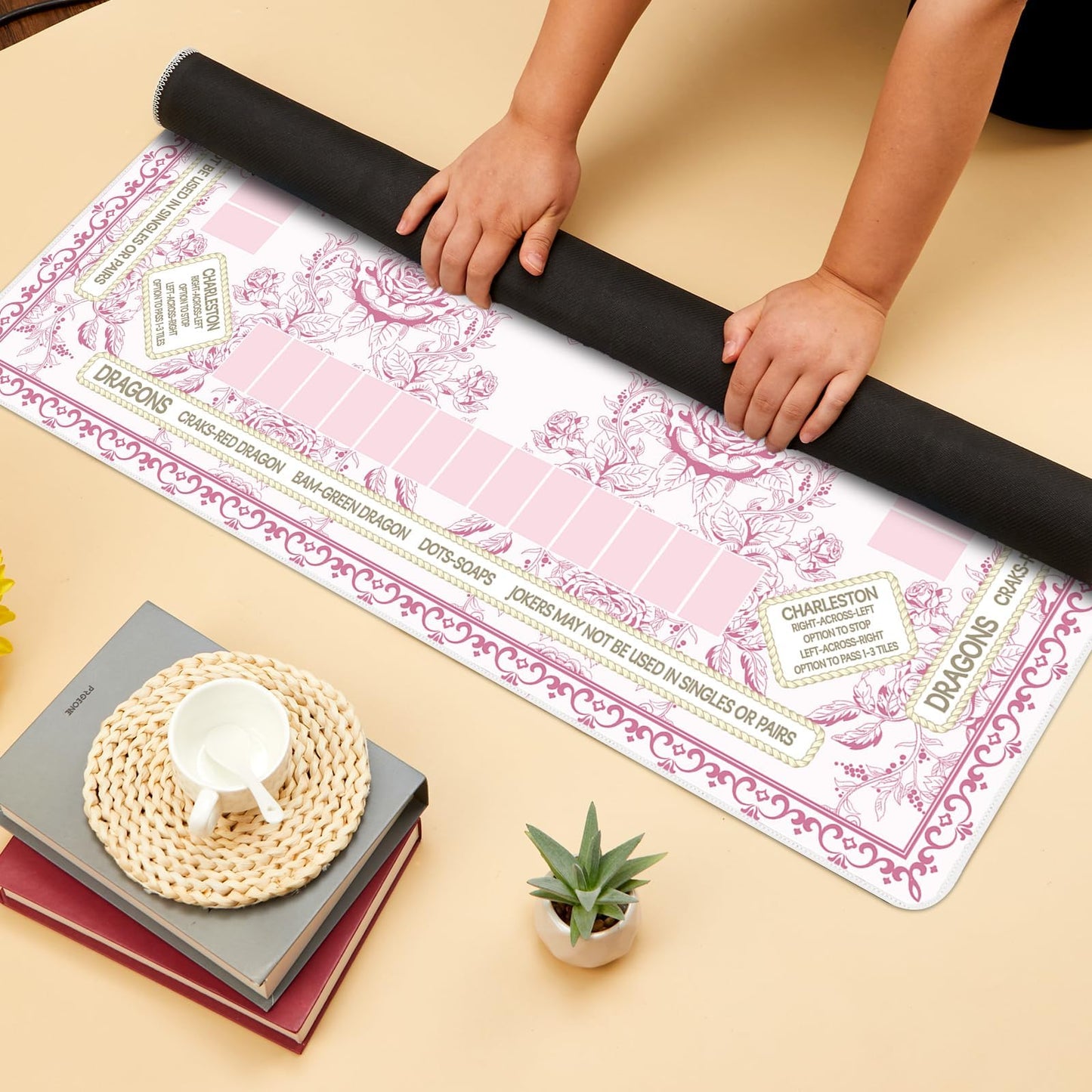 Party Greeting Chinoiserie Mahjong Mat with Black Carrying Bag – 31.5 x 31.5 in, Pink | Anti-Slip & Noise-Reducing Table Cover
