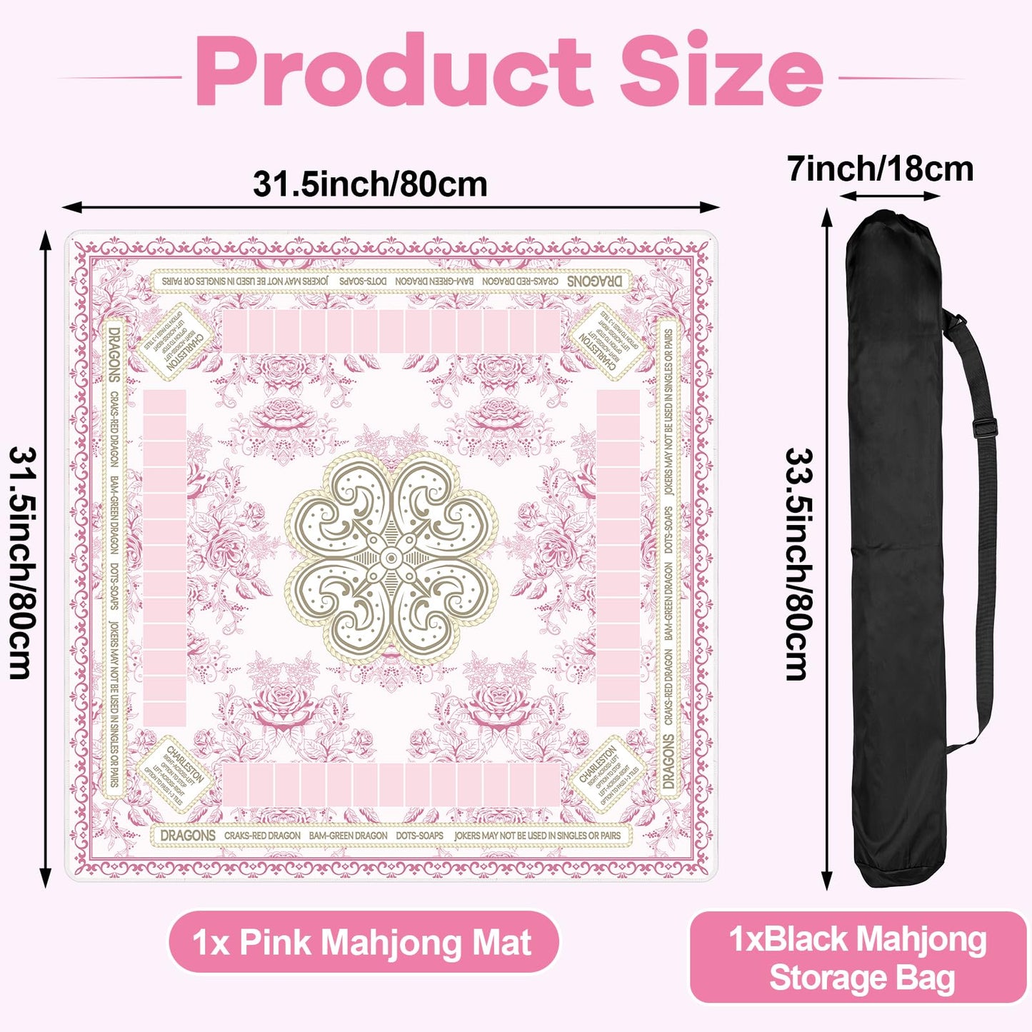 Party Greeting Chinoiserie Mahjong Mat with Black Carrying Bag – 31.5 x 31.5 in, Pink | Anti-Slip & Noise-Reducing Table Cover